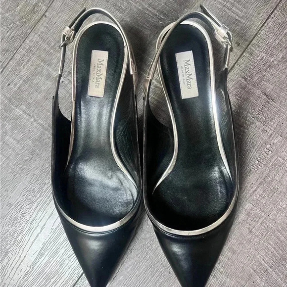 MAX MARA Black Leather Printed Slingback Kitten Heels Size 6 TRENDING - Picture 2 of 6